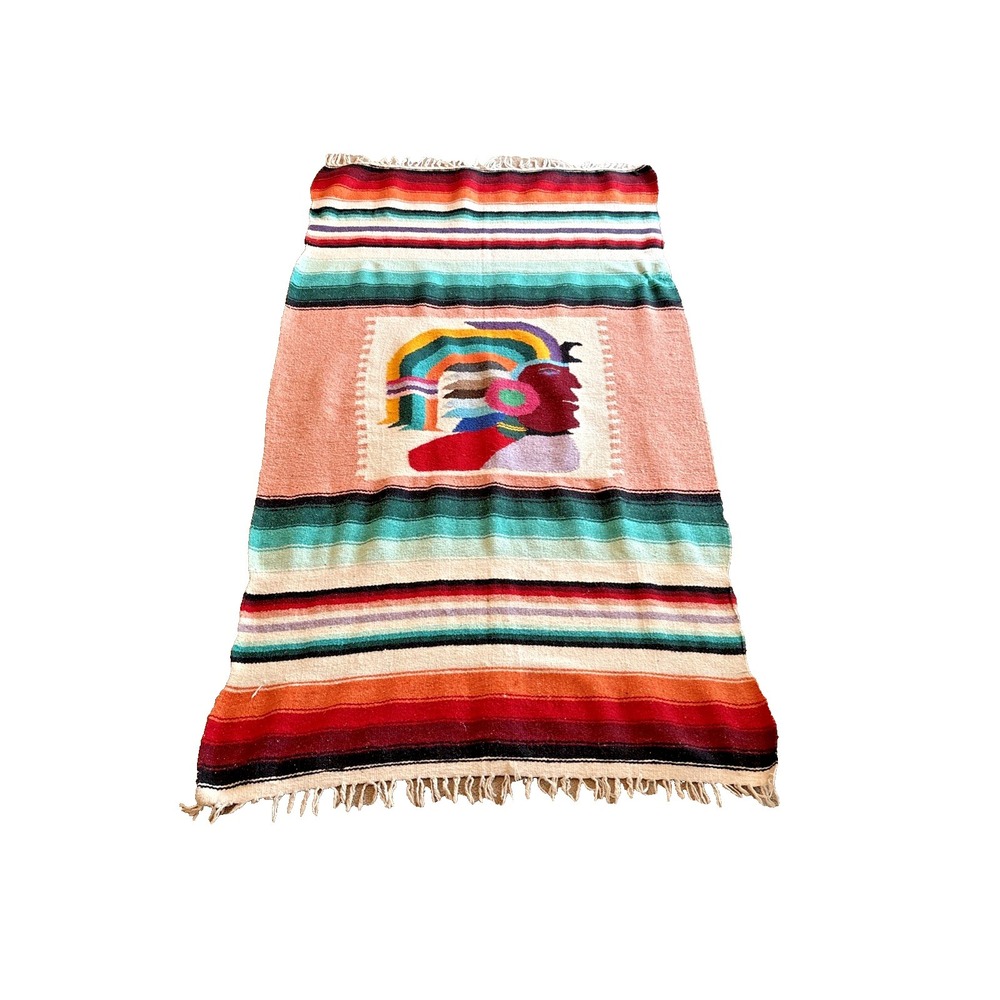 Handmade Woven Aztec Warrior Blanket Fringe Throw Wall Hanging Mexican 75x43 - Picture 2 of 7